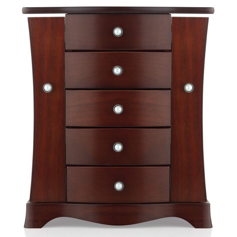 RR ROUND RICH DESIGN Jewelry Box - Made of Solid Wood with Tower Style 4 Drawers Organizer and 2 Separated Open Doors on 2 Sides and Large Mirror Brown - Image 1